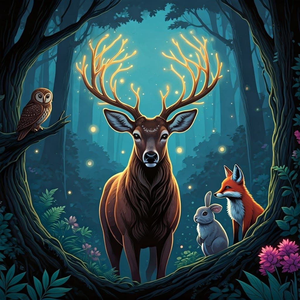 Majestic Spirit Deer in Whimsical Magic Forest with Mystical...
