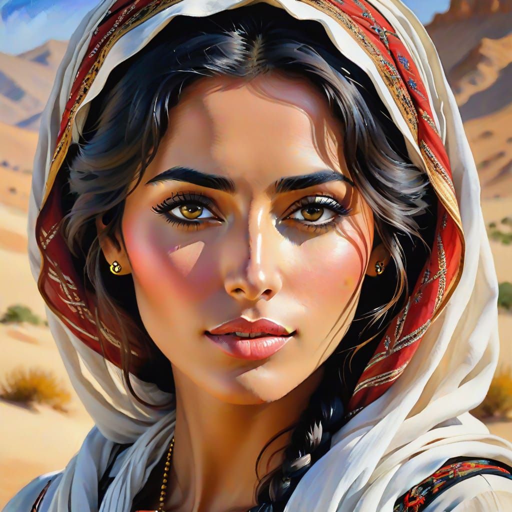 Bedouin Girl Portrait in Impressionistic Watercolor Style