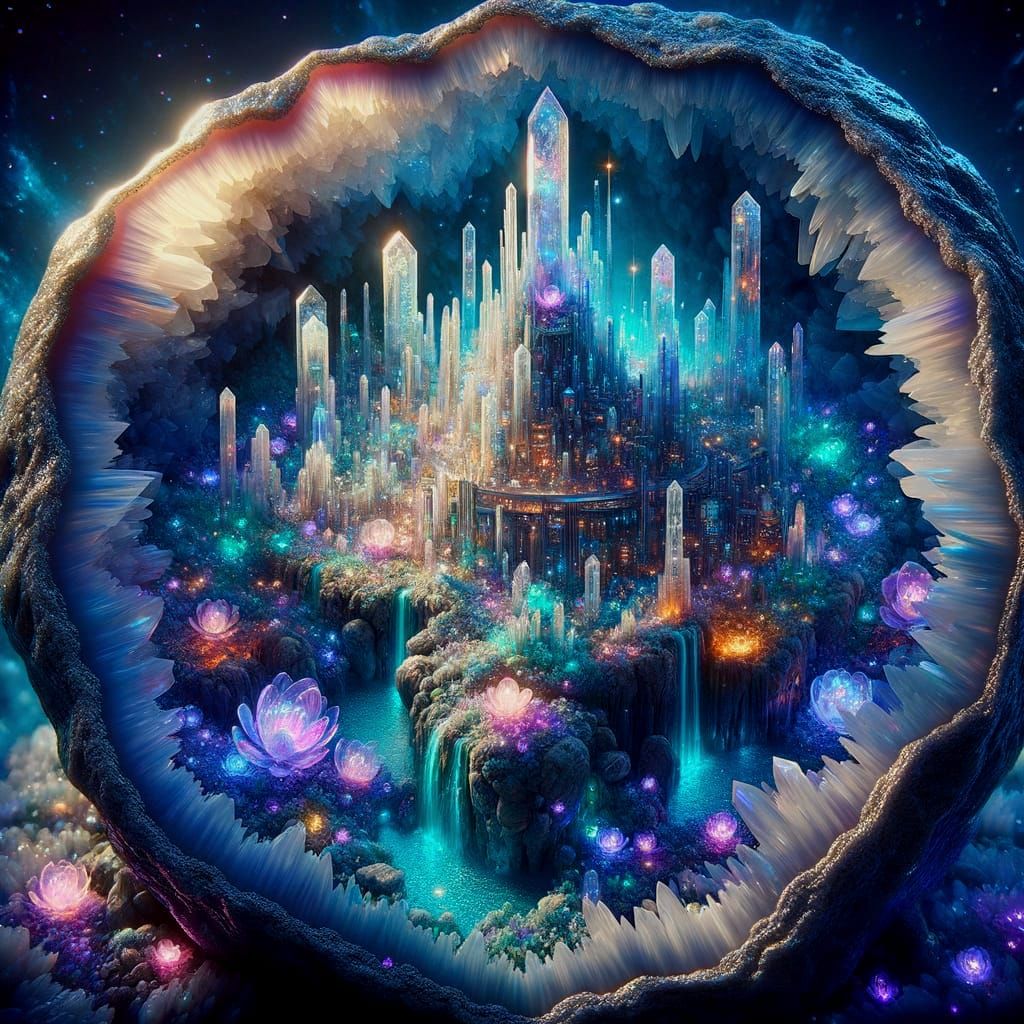 Miniature Crystal City Inside a Geode