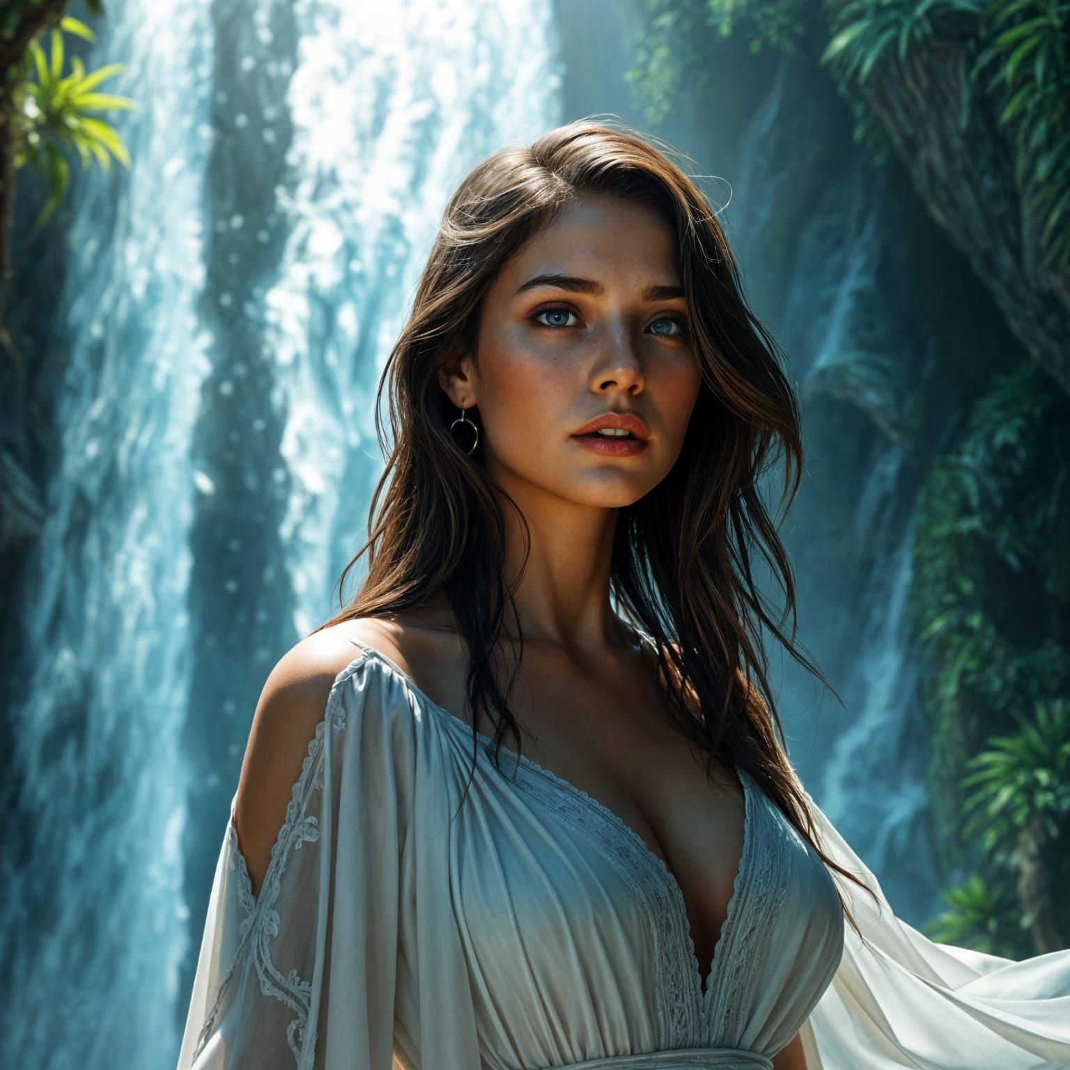 Brunette Portrait Under Waterfall, Hyperdetailed Splash Art