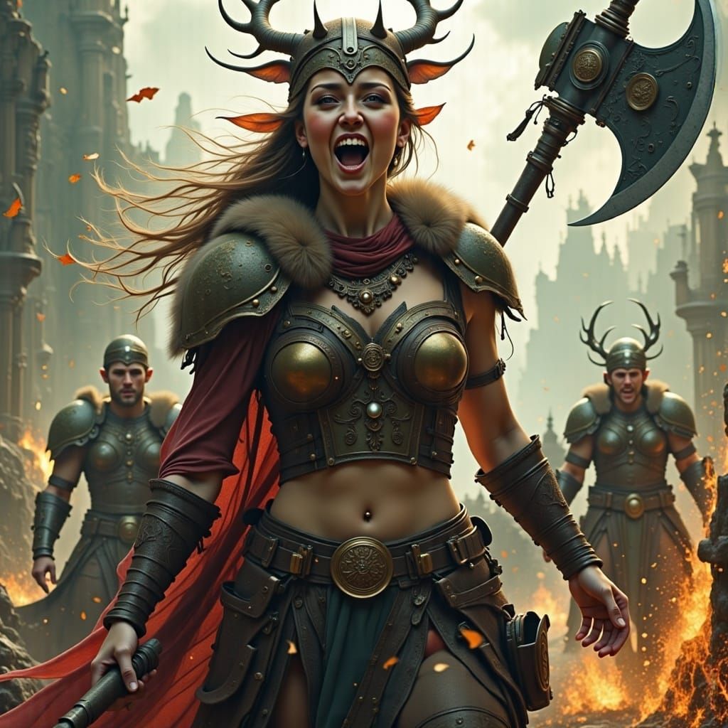 <lora:Alienesque Flux:1.0> beautiful maiden warrior yells on the battlefield holding an axe emerges from the battle