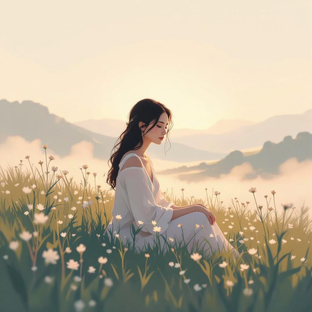 Serene Woman in Dreamy Landscape, Fantasy Art Style