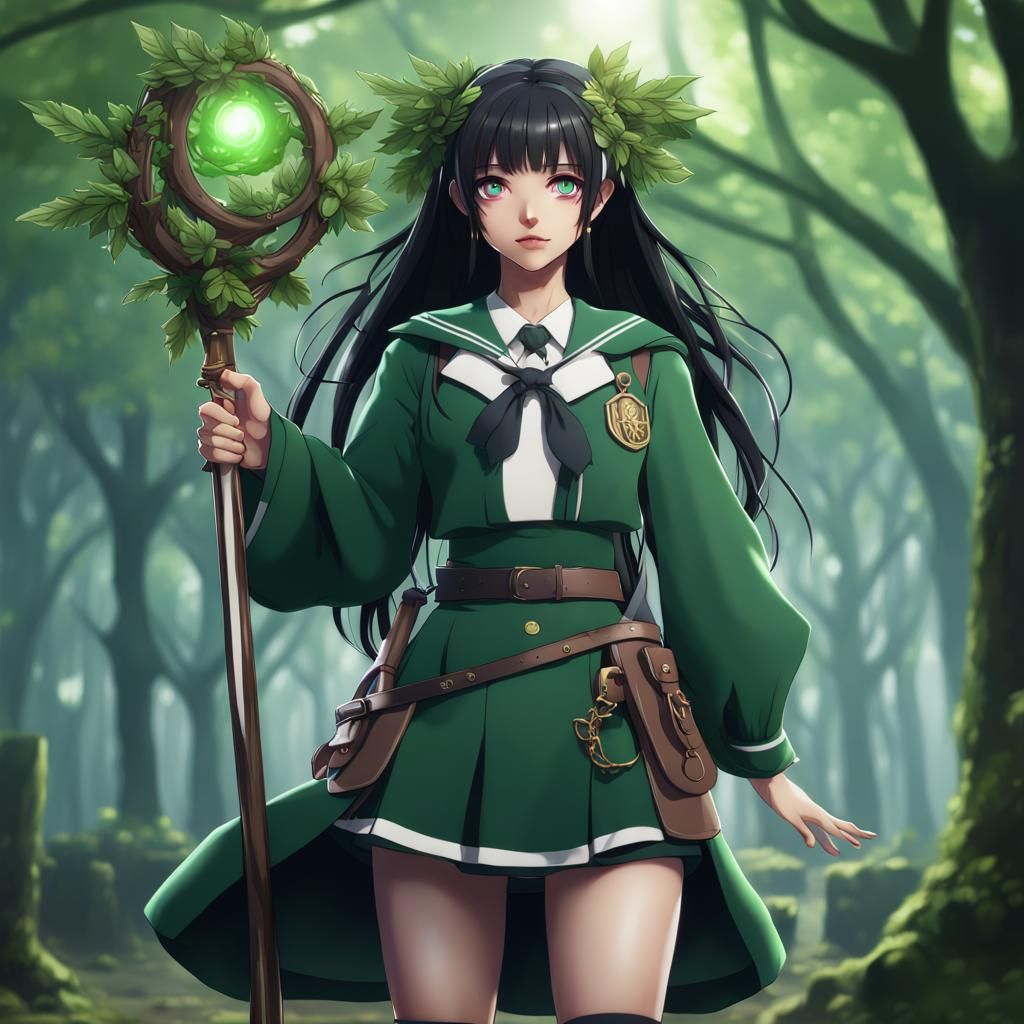 Anime Magical Girl Druid in College Uniform