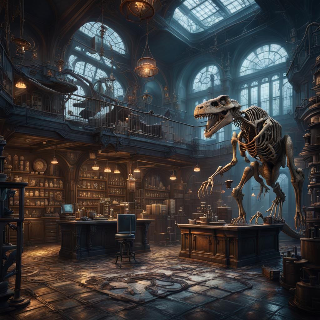 Victorian Mad Scientist Lab with Cybernetic T-Rex Skeleton