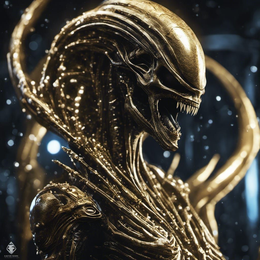 Diamond and Gold Xenomorph Queen: Dark Fantasy Art
