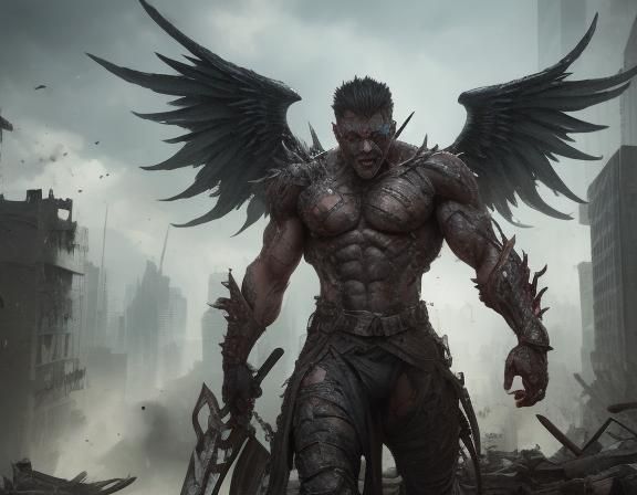 Dystopian Demon Warrior Defends Ruined City