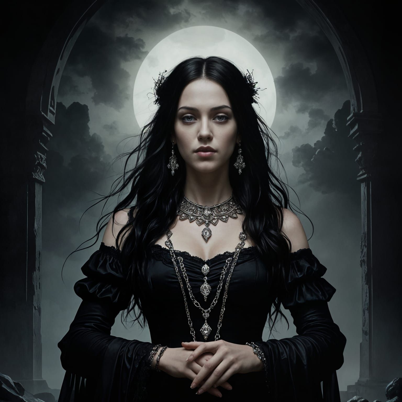 A stunningly beautiful Goth woman with pale skin, dark, smok...