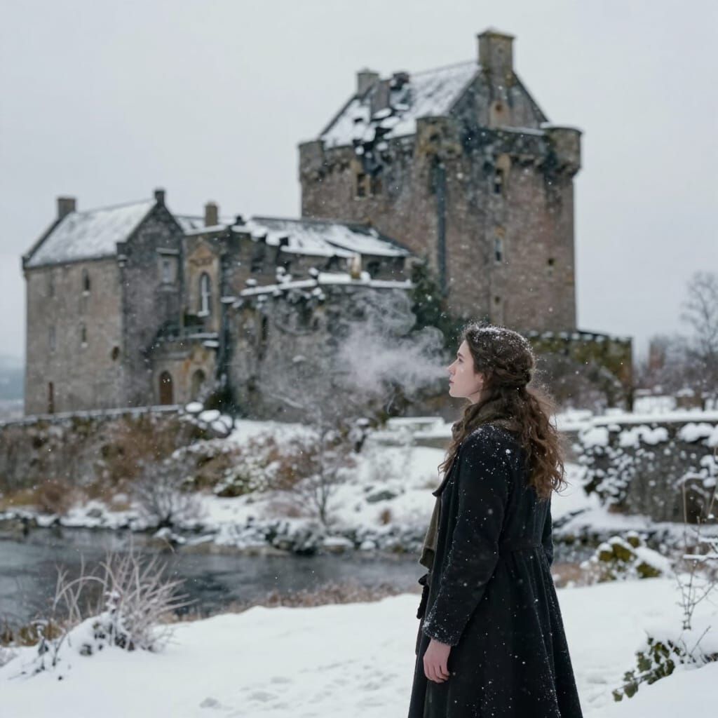 Woman Reminisces at Snowy Scottish Castle
