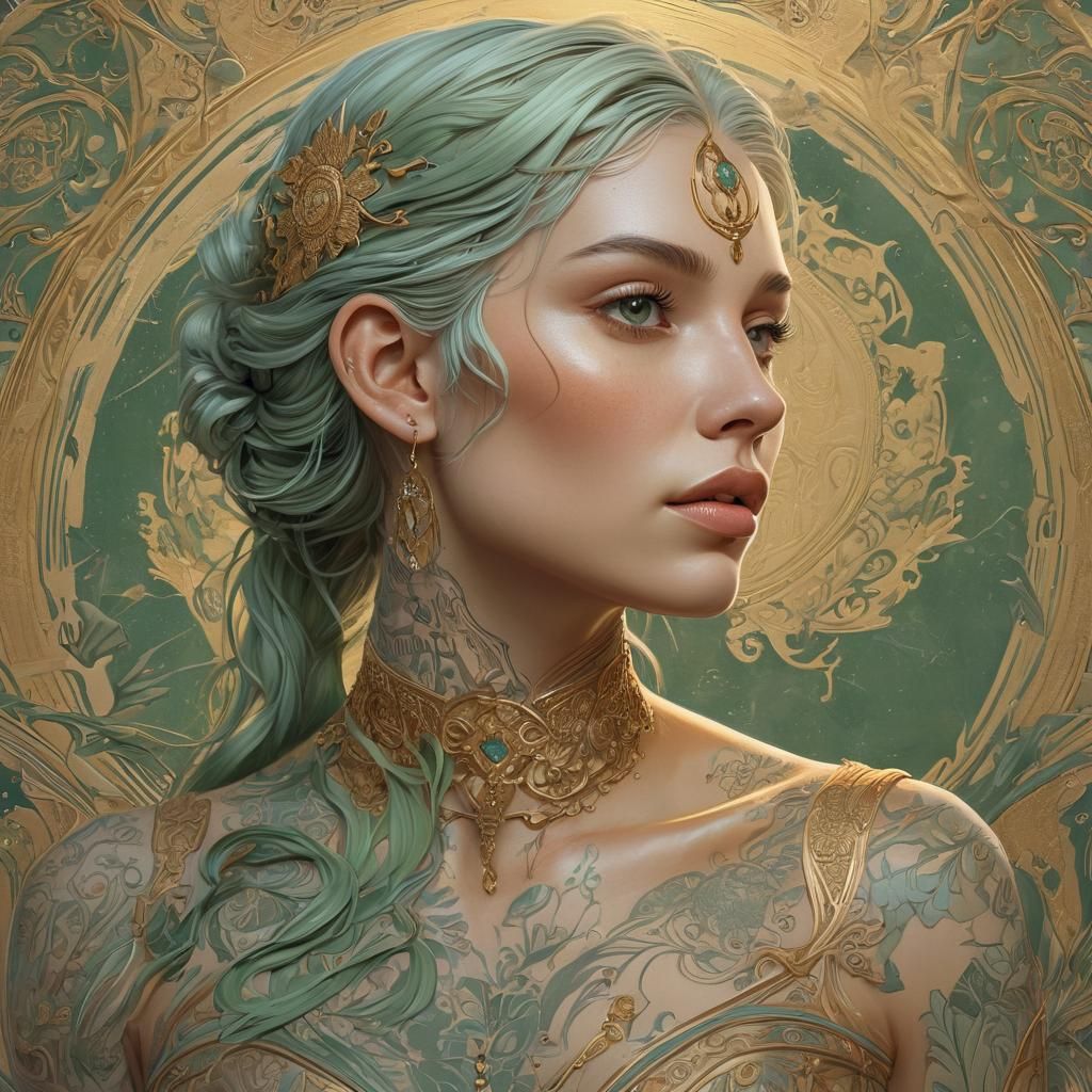 Medieval Archeologist with Nordic Tattoos in Art Nouveau Sty...