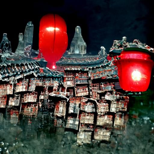 Chinese Palace at Night with Floating Lanterns