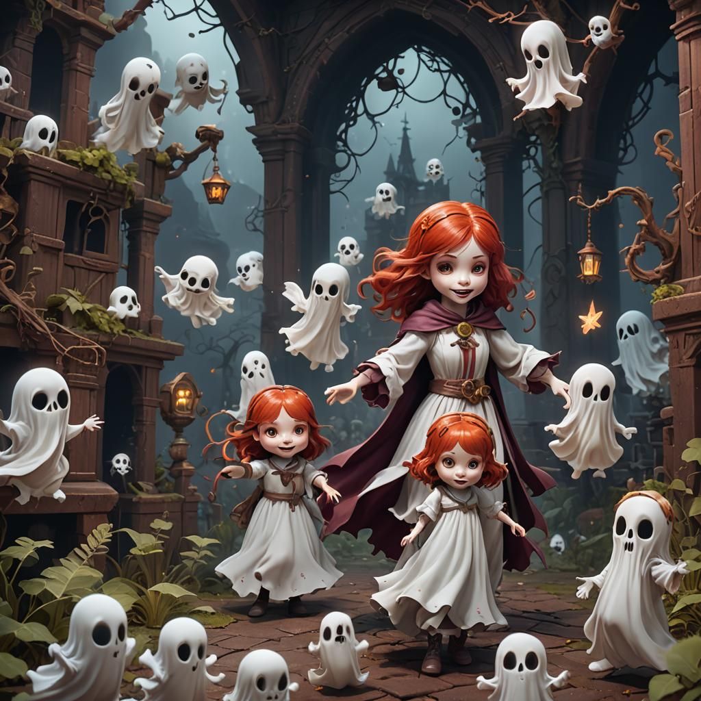 Cute Ghost Girl Playing with Ghost Friends