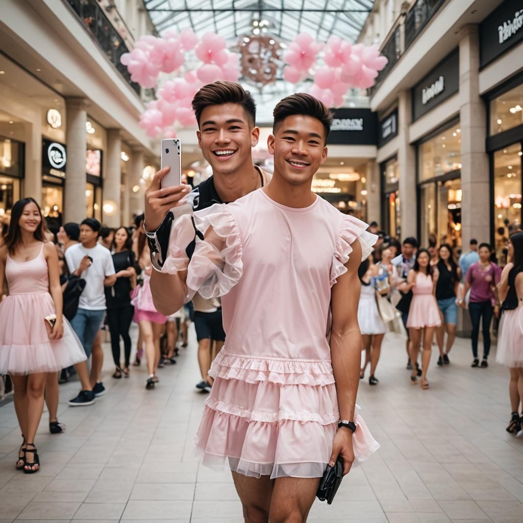 Muscular Boy in Pink Dress Snaps Selfie