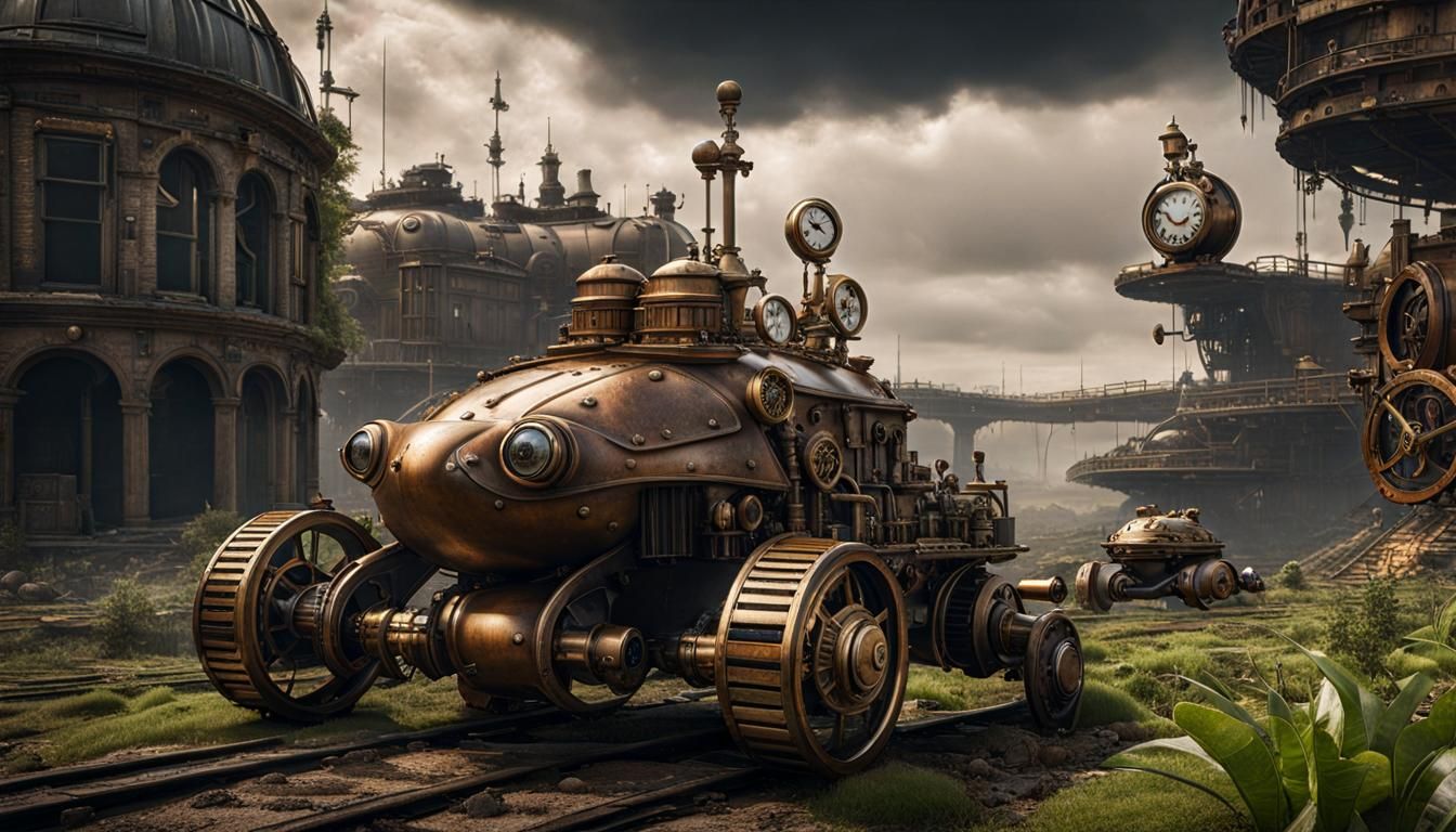 Frogpunk Clocks in Barren Steampunk Landscape