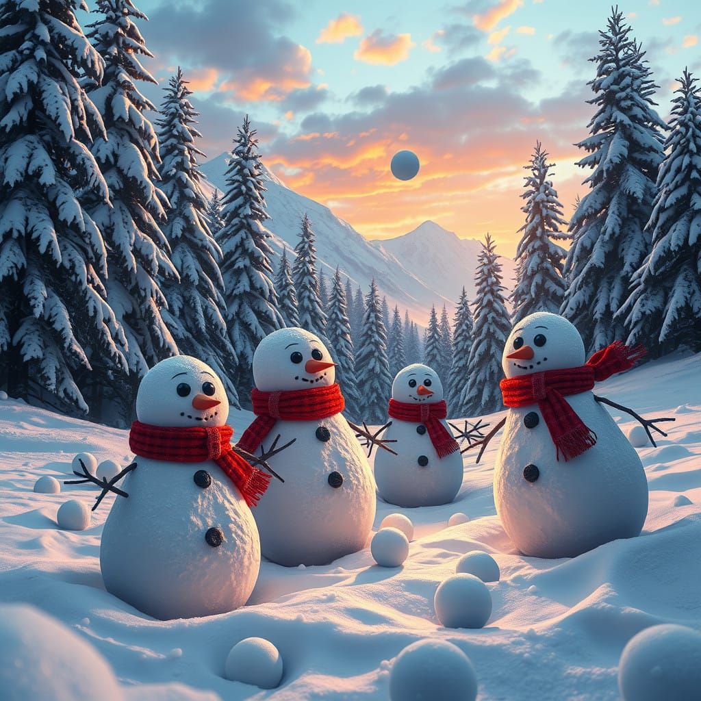Vibrant Snowmen in Whimsical Snowball Fight Scene