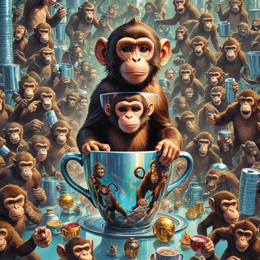 Monkey in Giant Teacup: Hyperrealistic Digital Illustration