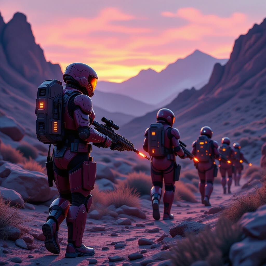 Futuristic Troopers Patrol Rocky Mountains at Dusk