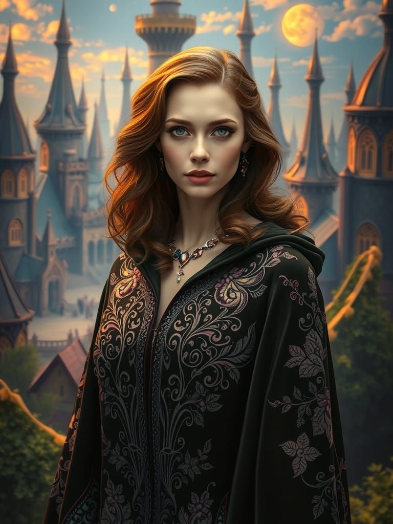 Mystical Cityscape: Woman in Velvet Cloak