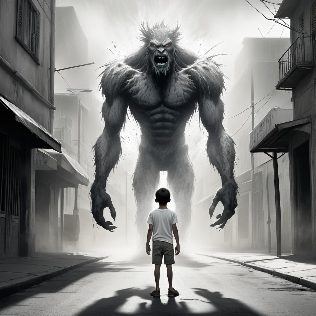 Boy Meets Monster: Dramatic Ink Illustration