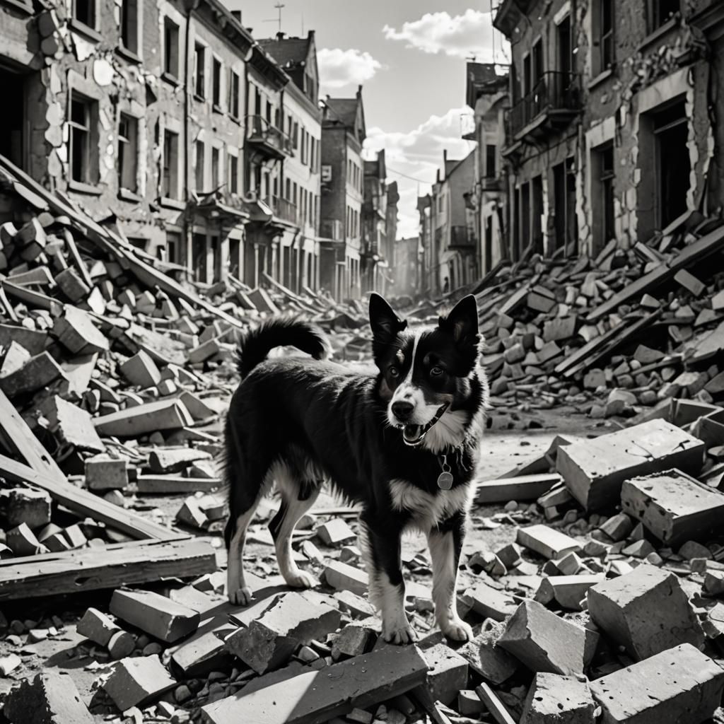 Dog Photobomb in Bombed City: Black and White Photography