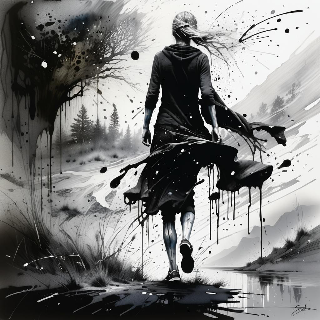 Melancholic Black and White Watercolor with Faint Color