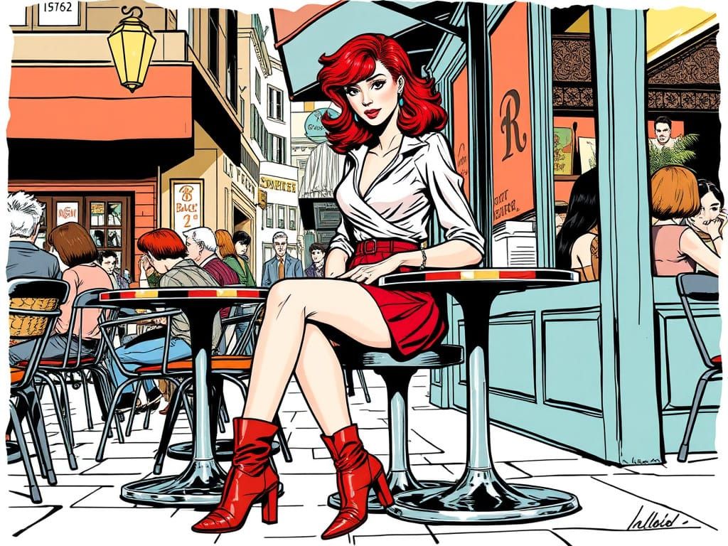 Comic Book Style Redhead in VIBRANT COLOURS at a Street Cafe
