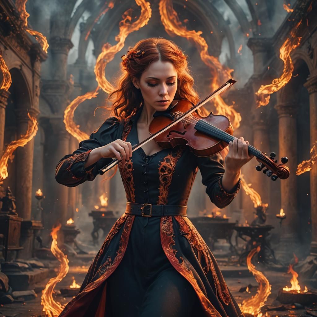 Fiery Violin Performance: Detailed Fantasy Art
