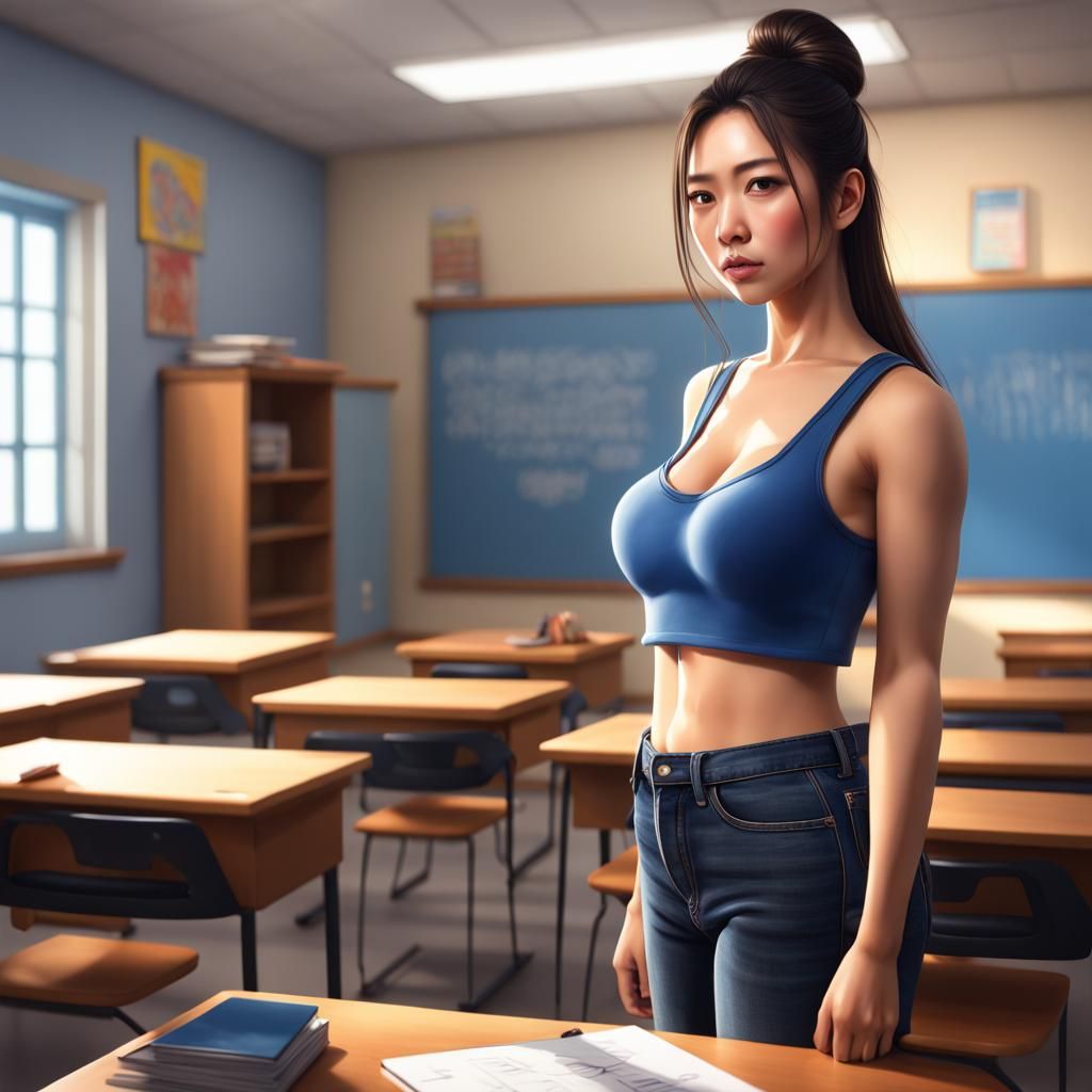 Hyperrealistic Asian Woman in Classroom, Detailed Render