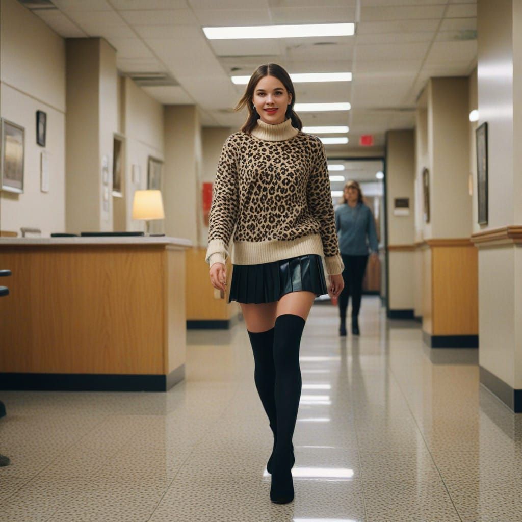 Confident Young Woman in Leopard Print Walks through Medical...