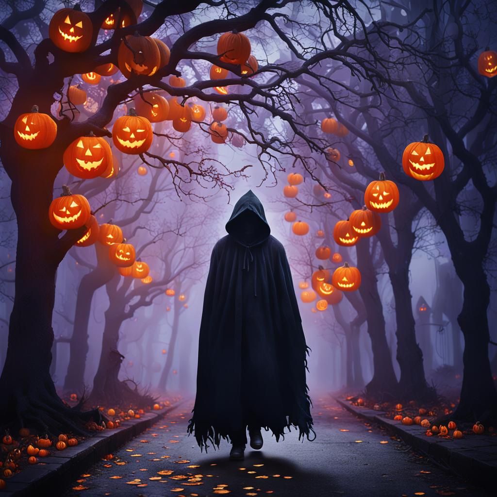 Ghostly Figure on Foggy Halloween Street