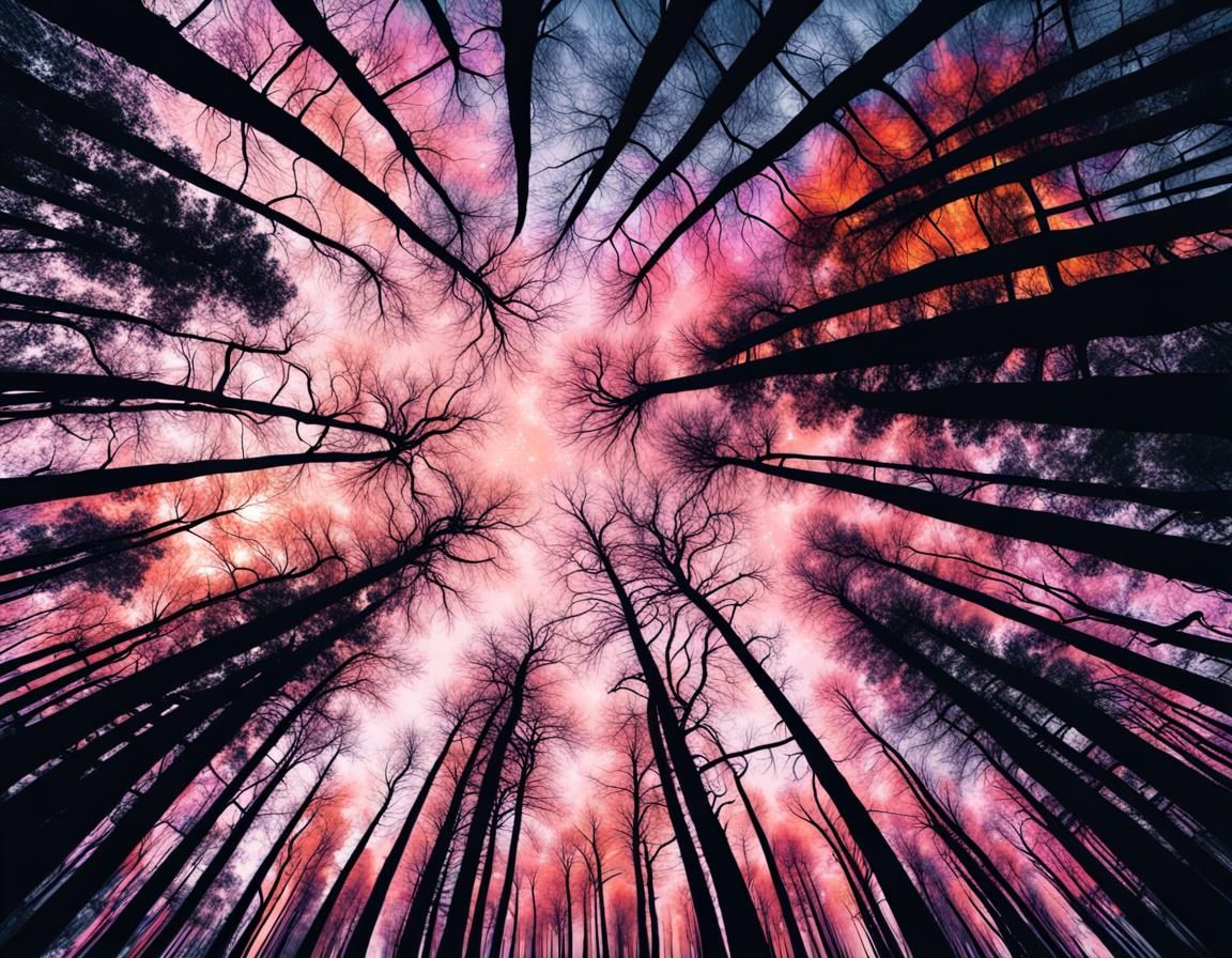 Colorful Impressionist Sky Over Dark Evil Forest