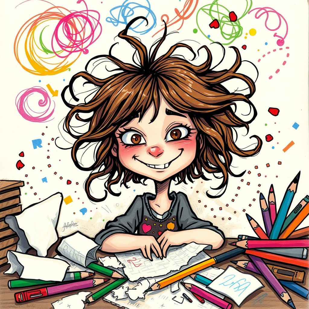 Whimsical Girl Surrounded by Colorful Scribbles
