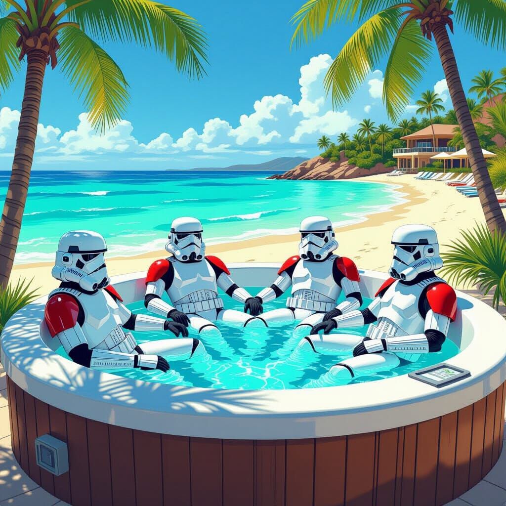 Clone Troopers Relaxing at Beach Resort in Sci-Fi Style