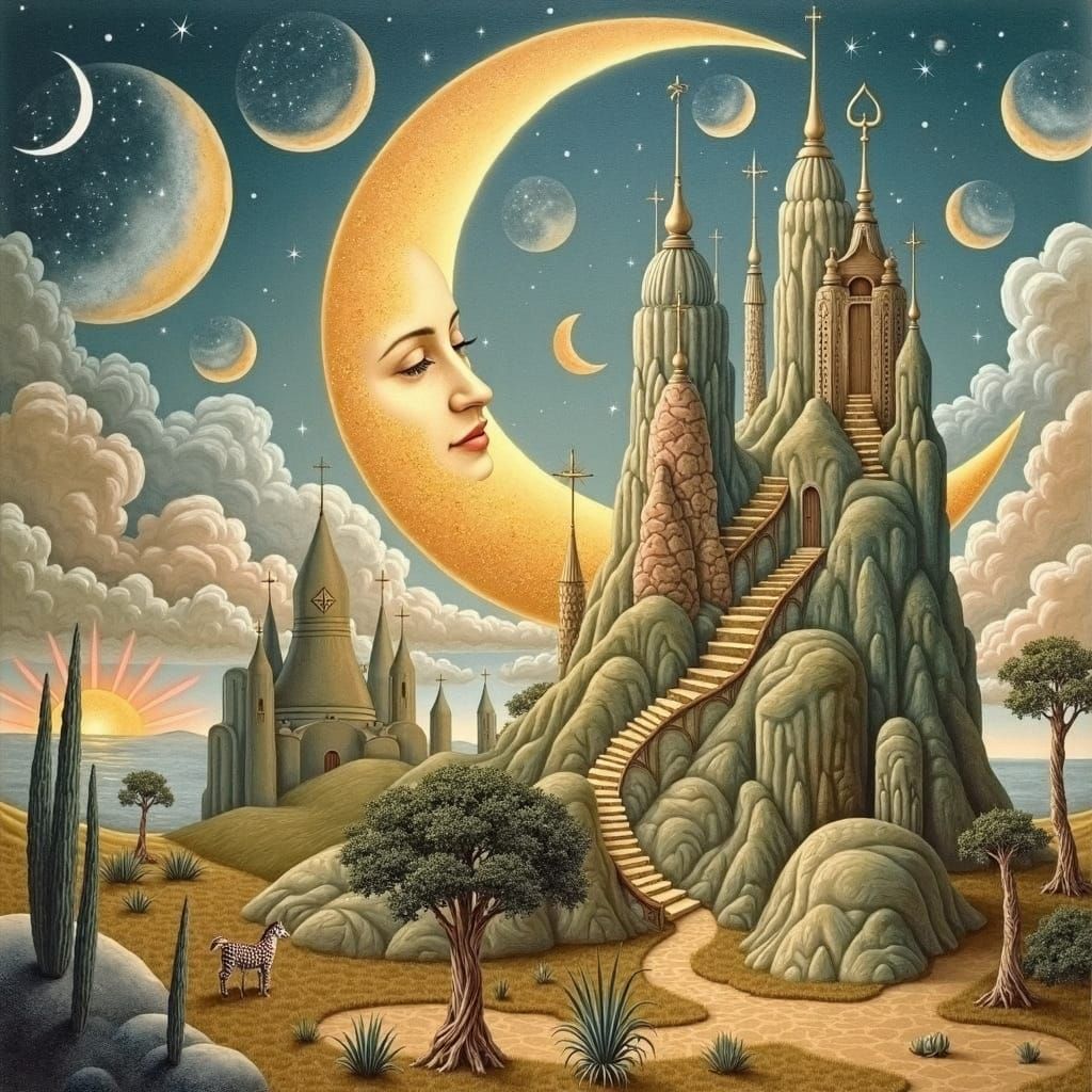 Surreal Crescent Moon in Mystical Realism Style