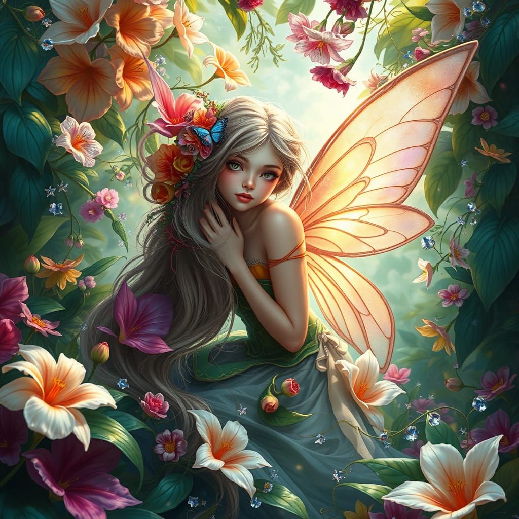 Ethereal Fairy Portrait in Lush Fantasy Landscape