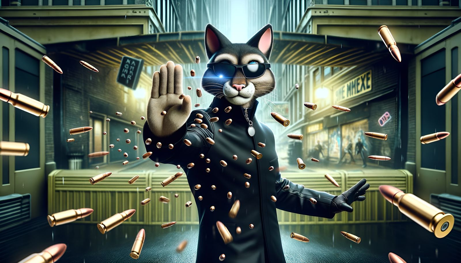 Matrix Cat Hero Stops Bullets in Cyberpunk Scene