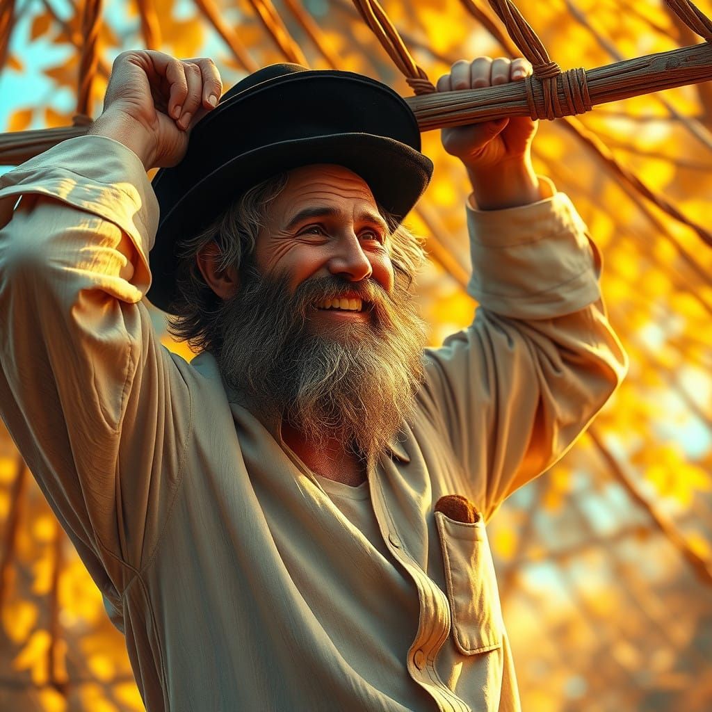 Hasidic Man Builds Sukkah in Vibrant Autumnal Landscape