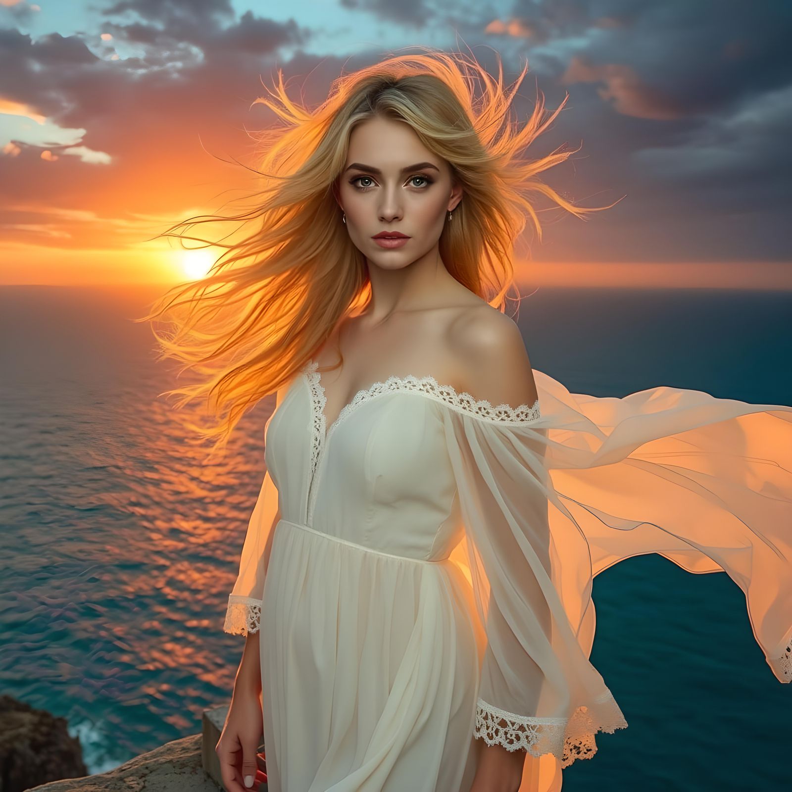 Woman on Cliffside with Flowing Hair at Sunset