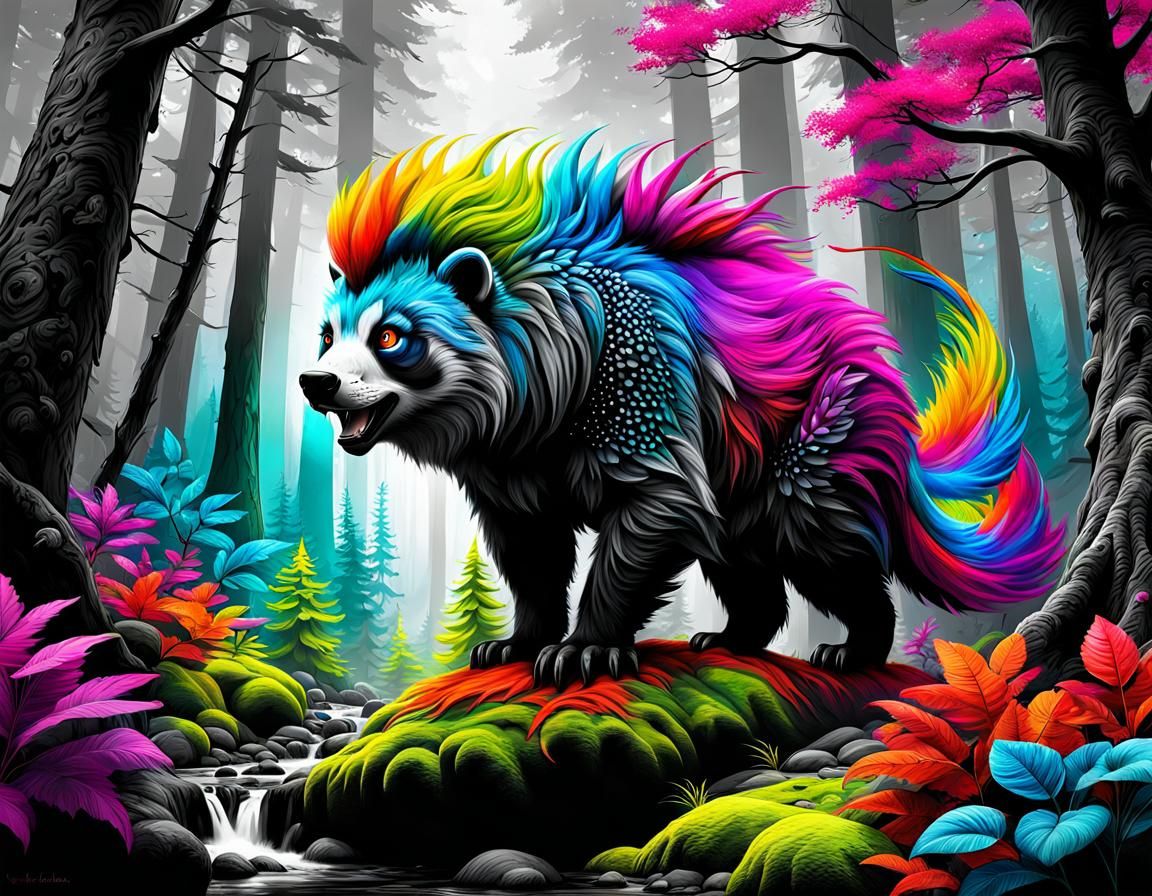 Colorful Creature in Greyscale Forest