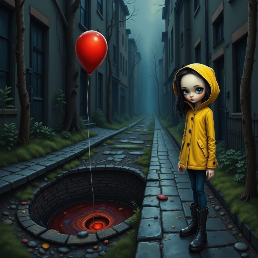 Coraline in Yellow Jacket by Storm Drain with Red Balloon