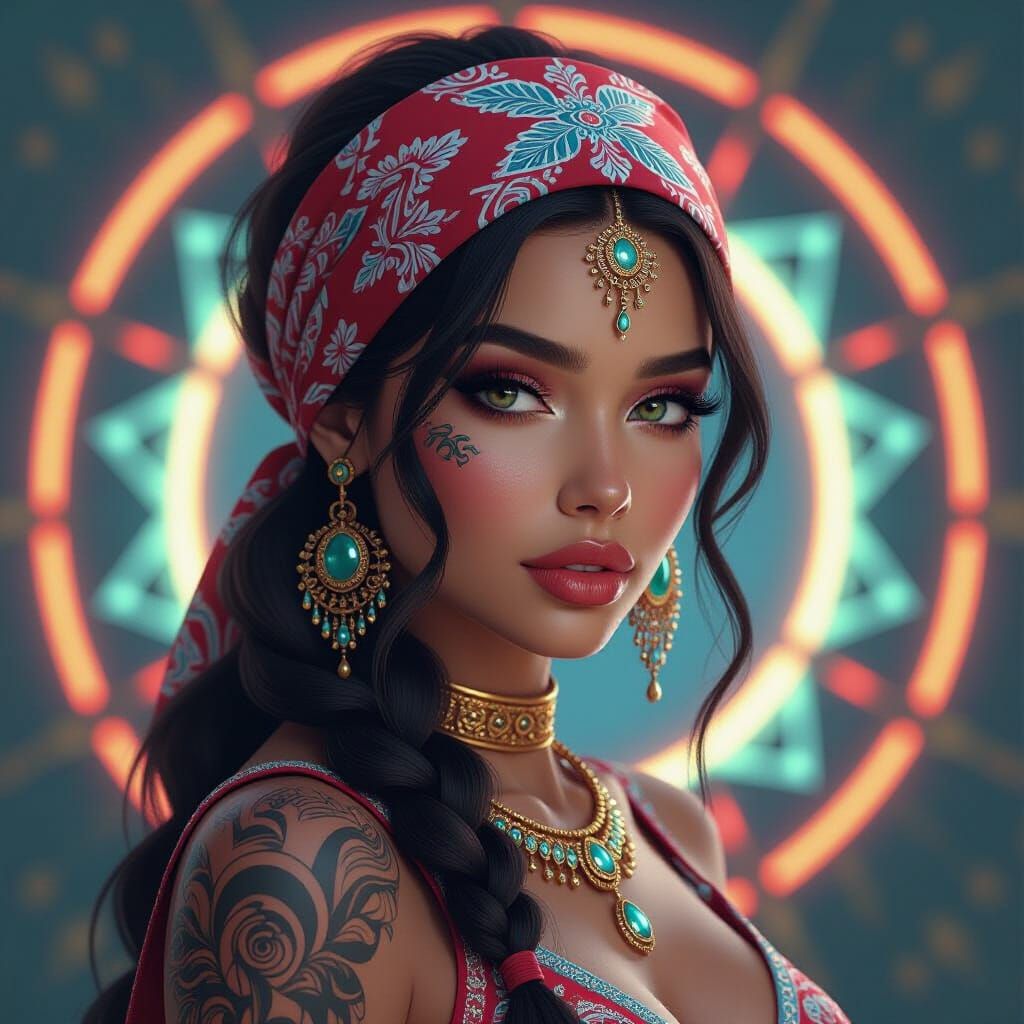 Futuristic Chola Portrait with Intricate Tattoos