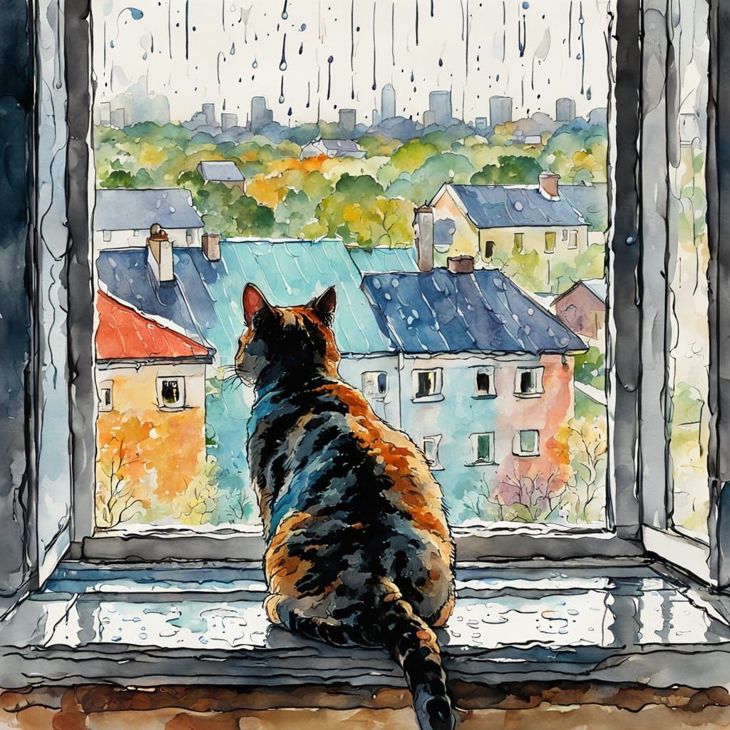 Whimsical Feline Contemplates Rainy Day