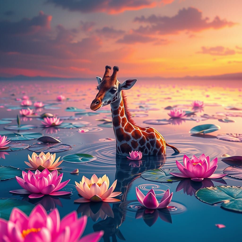 Serene Lake Scene with Vibrant Neon Water Lilies and Lotus F...