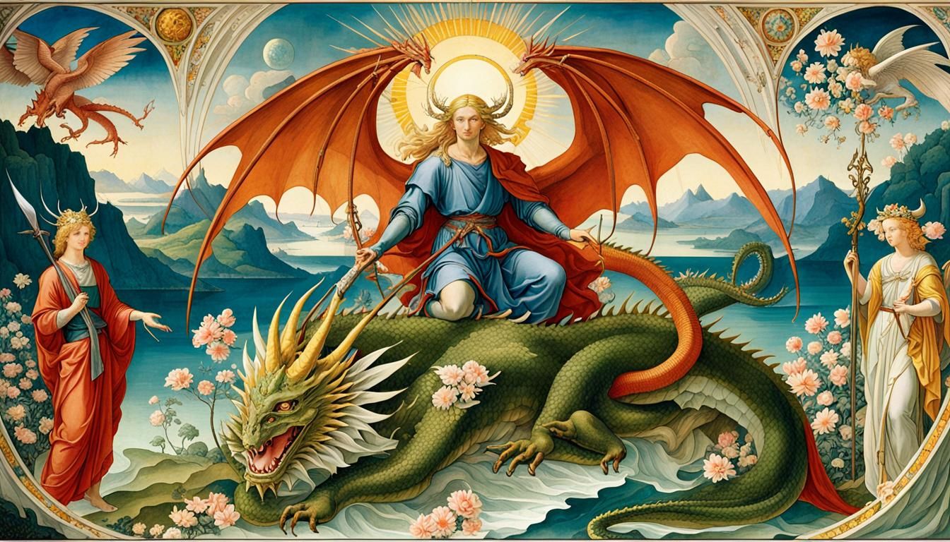 Saint Michael Defeats Dragon in Art Nouveau Style