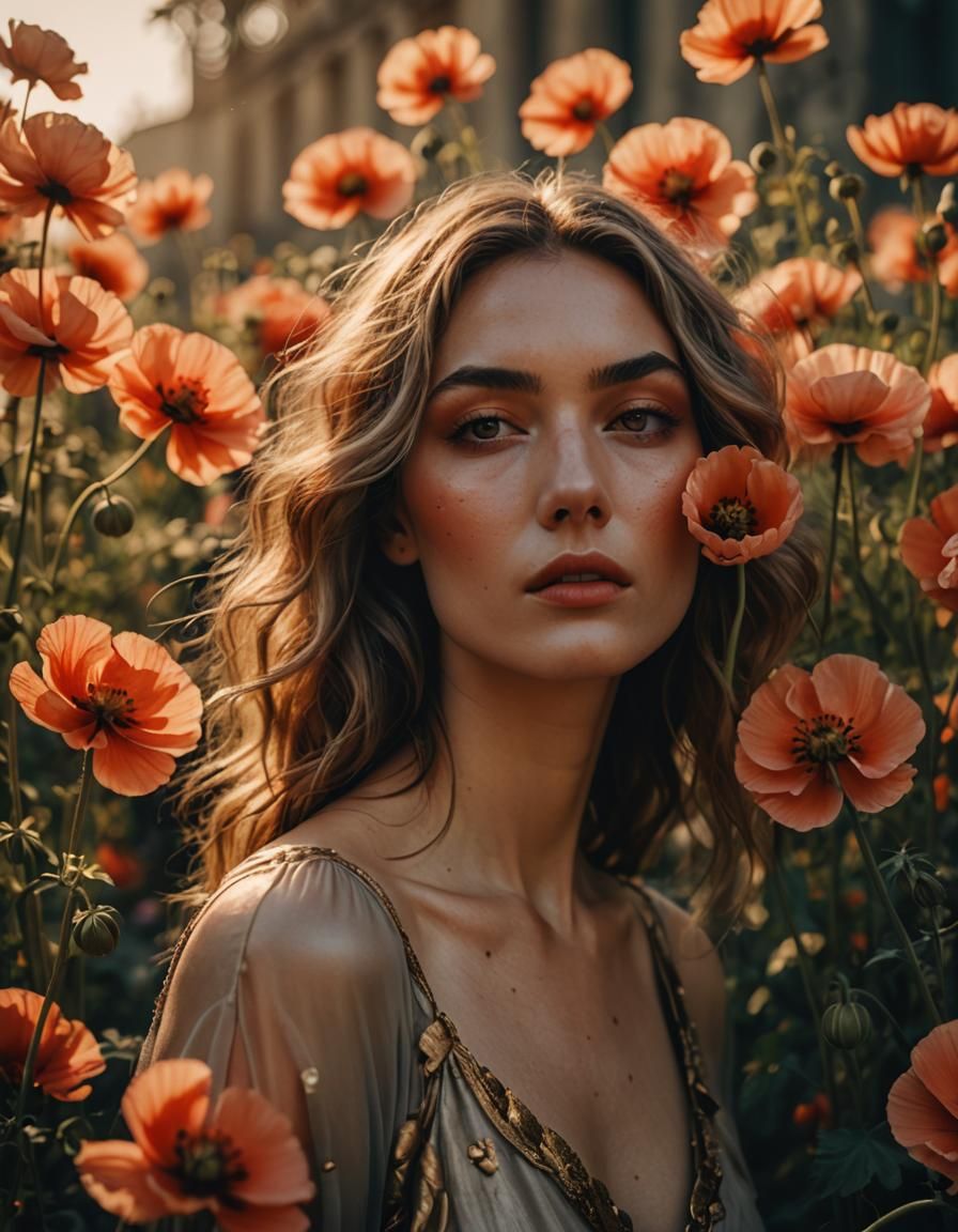 Poppy Field Portrait in Golden Hour Lighting