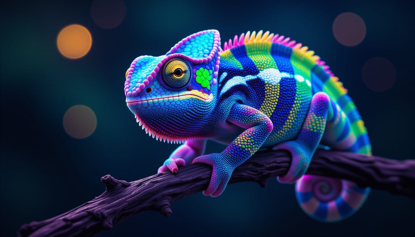 Neon Chameleon Close-Up: Photorealistic Surrealism