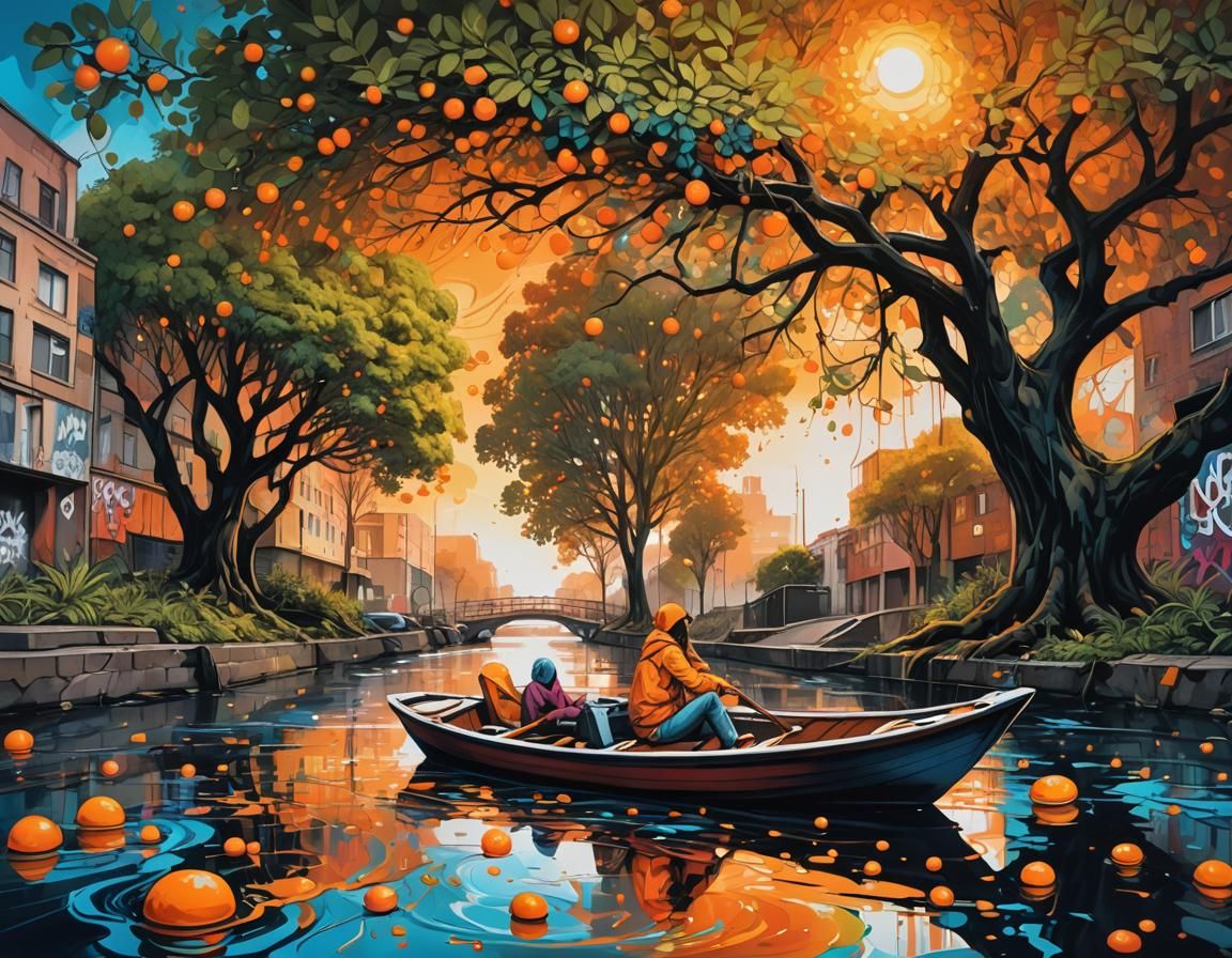 Surreal River Scene in Graffiti Art Style
