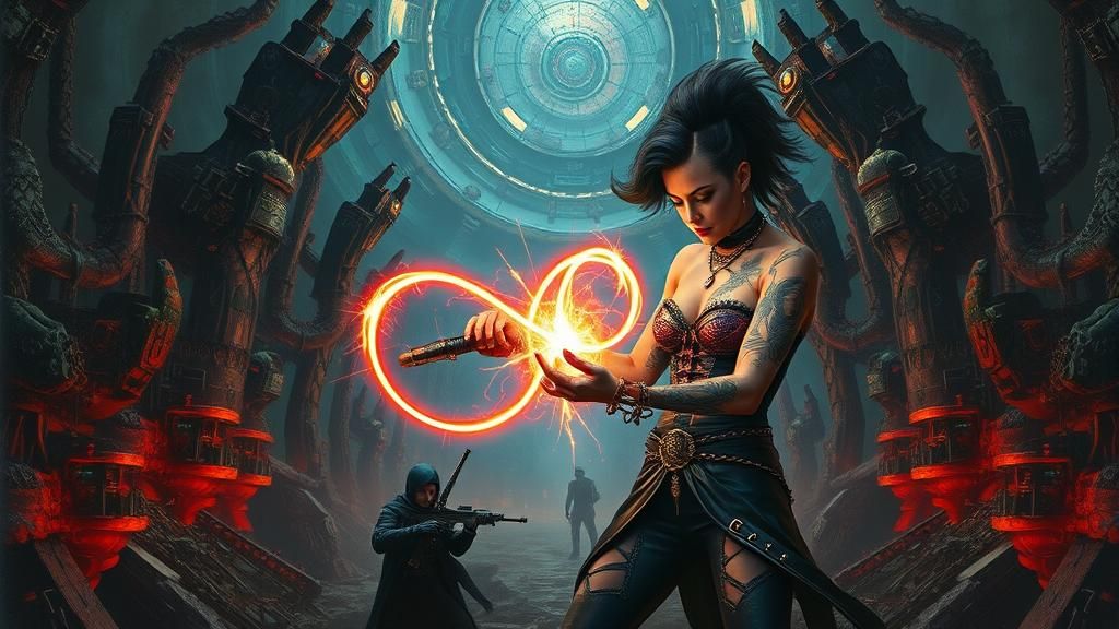 Cyberpunk Sorceress Duel in Post-Apocalyptic Wasteland