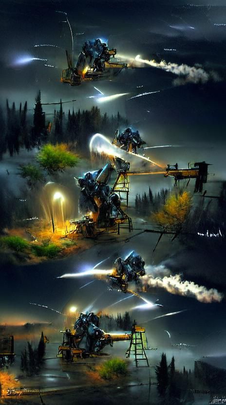 Mechs Firing Rockets at Night: Hyperrealistic Concept Art