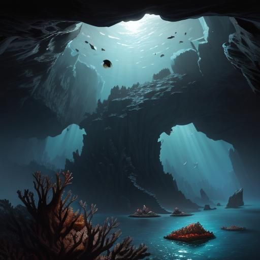 Sinister Black Crab in Underwater Cave, Digital Art