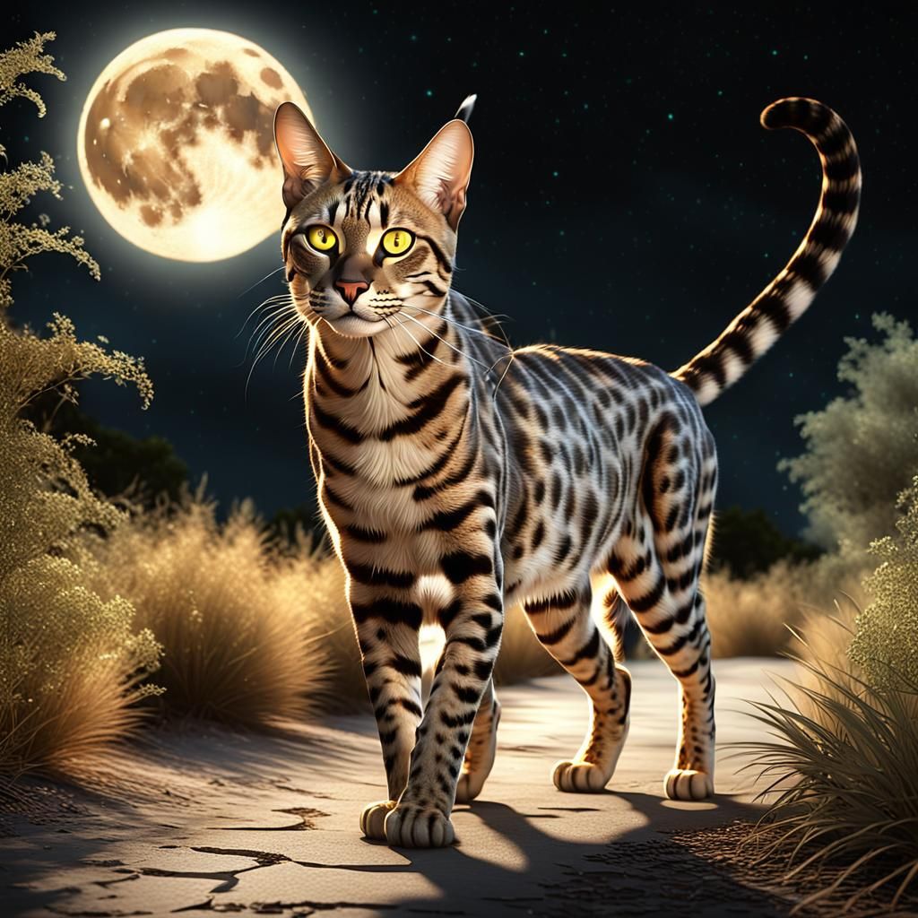 Epic Savannah Cat with Glowing Eyes in Moonlight